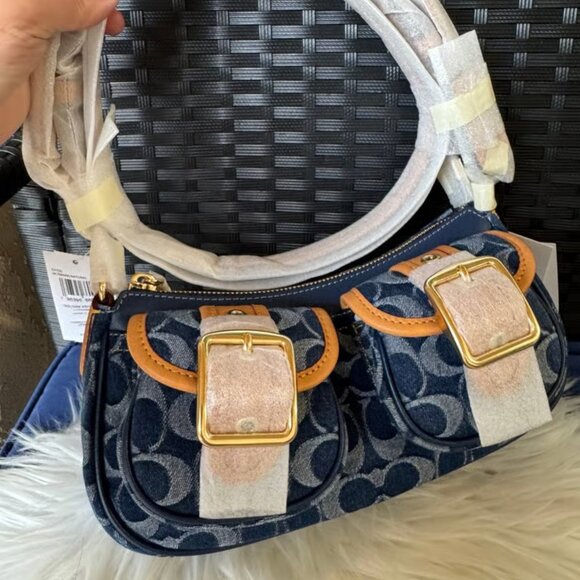 Coach Ashton Baguette Bag In Signature Canvas Denim/Brown CY700 - Picture 1 of 9